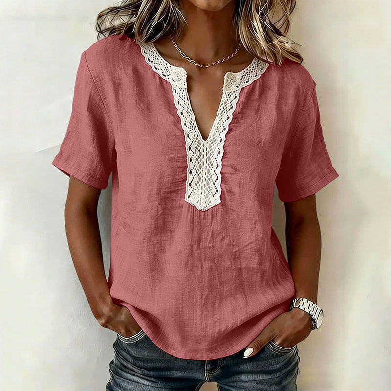 100% Cotton Casual Loose Lace Collar Short-Sleeved Top