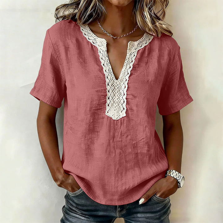 100% Cotton Casual Loose Lace Collar Short-Sleeved Top