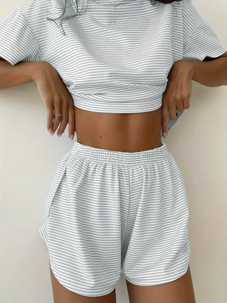 Striped Crop Top &amp; Curved Hem Shorts Set