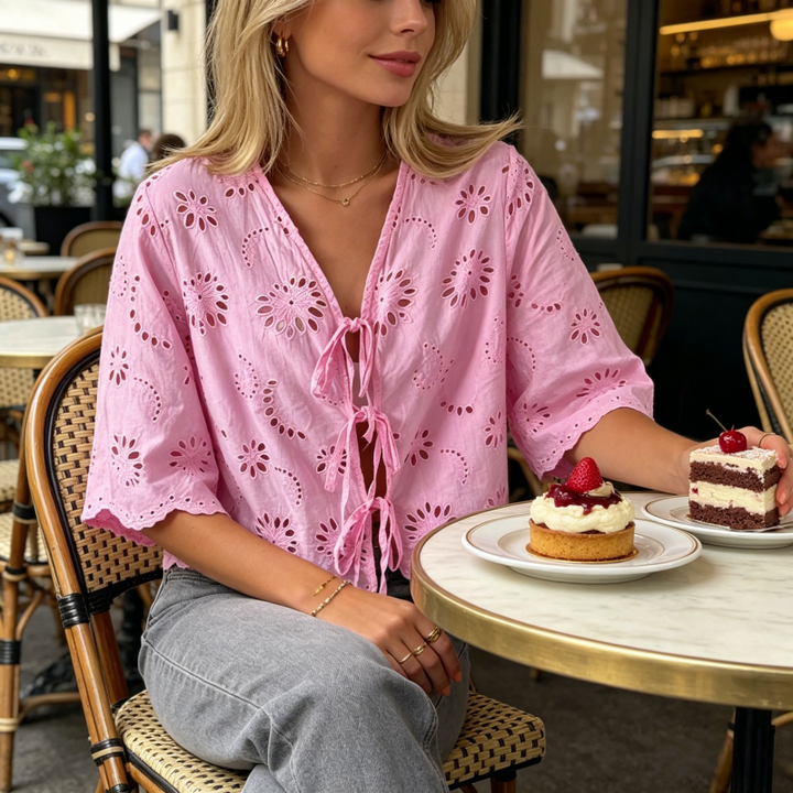 Eyelet Embroidery Tie-Front Crop Blouse