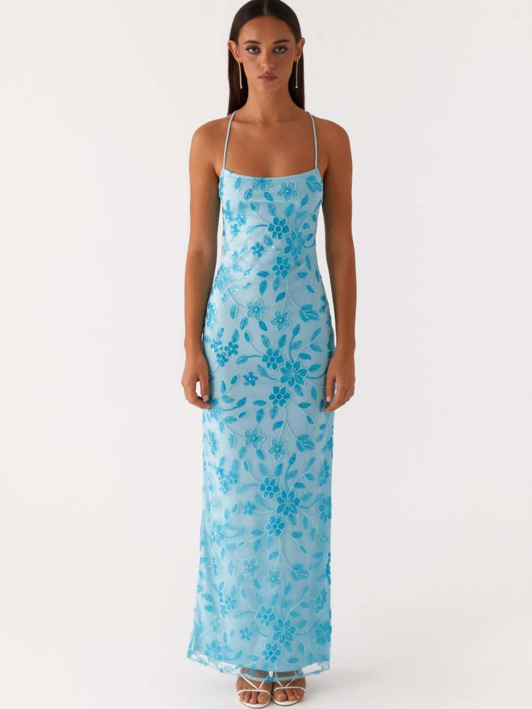 Floral Embroidered Mesh Maxi Dress - Spaghetti Strap Bodycon Evening Gown