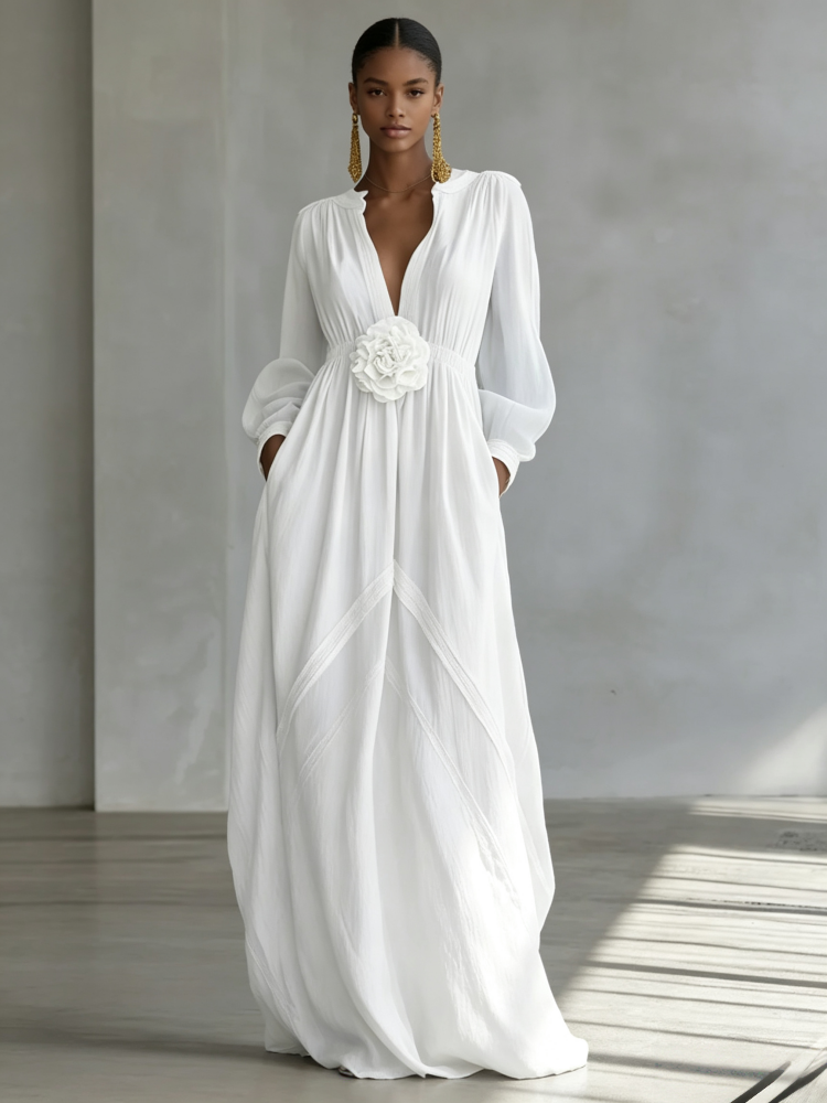 Elegant 3D Floral Cotton Linen Maxi Dress with Resort Style