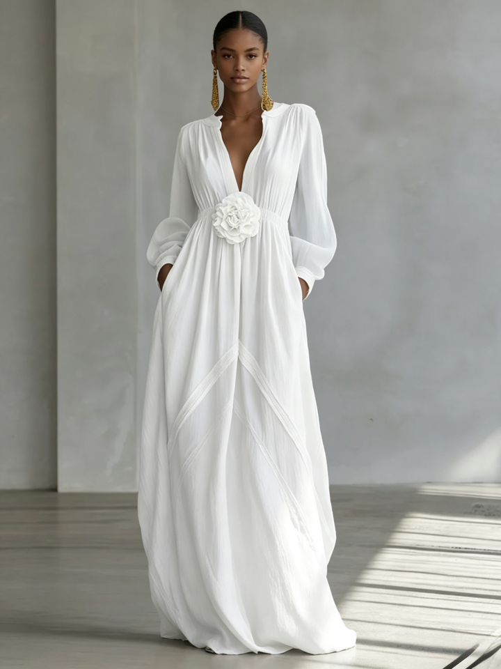 Elegant 3D Floral Cotton Linen Maxi Dress with Resort Style