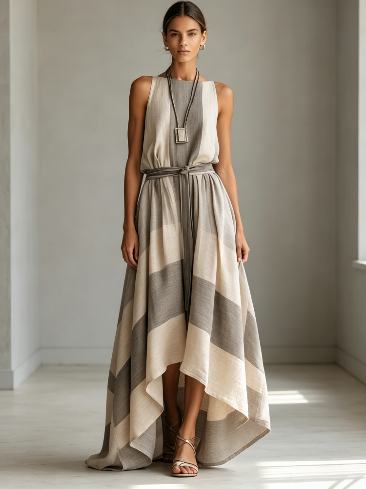 Sleeveless striped tie-up asymmetrical dress