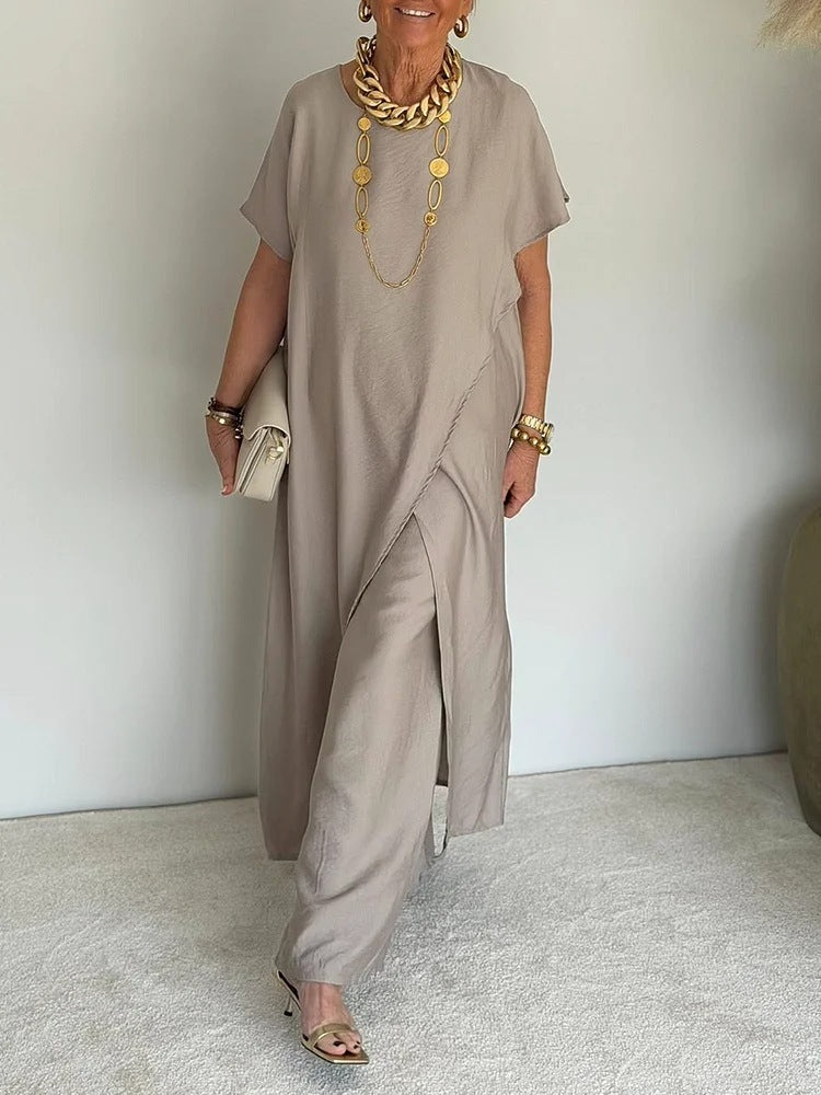 Two-piece set: loose-fitting, slit-front, belted top and wide-leg pants