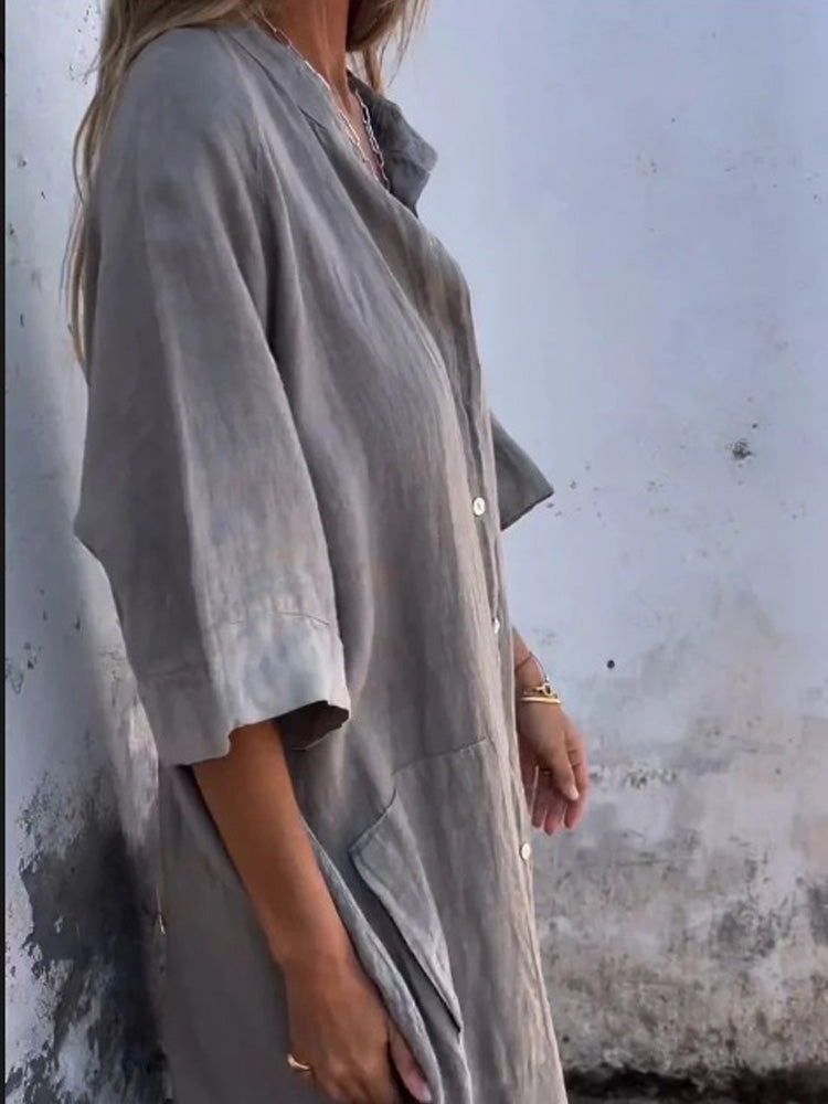 Loose-fitting casual mid-sleeve cotton linen shirt dress