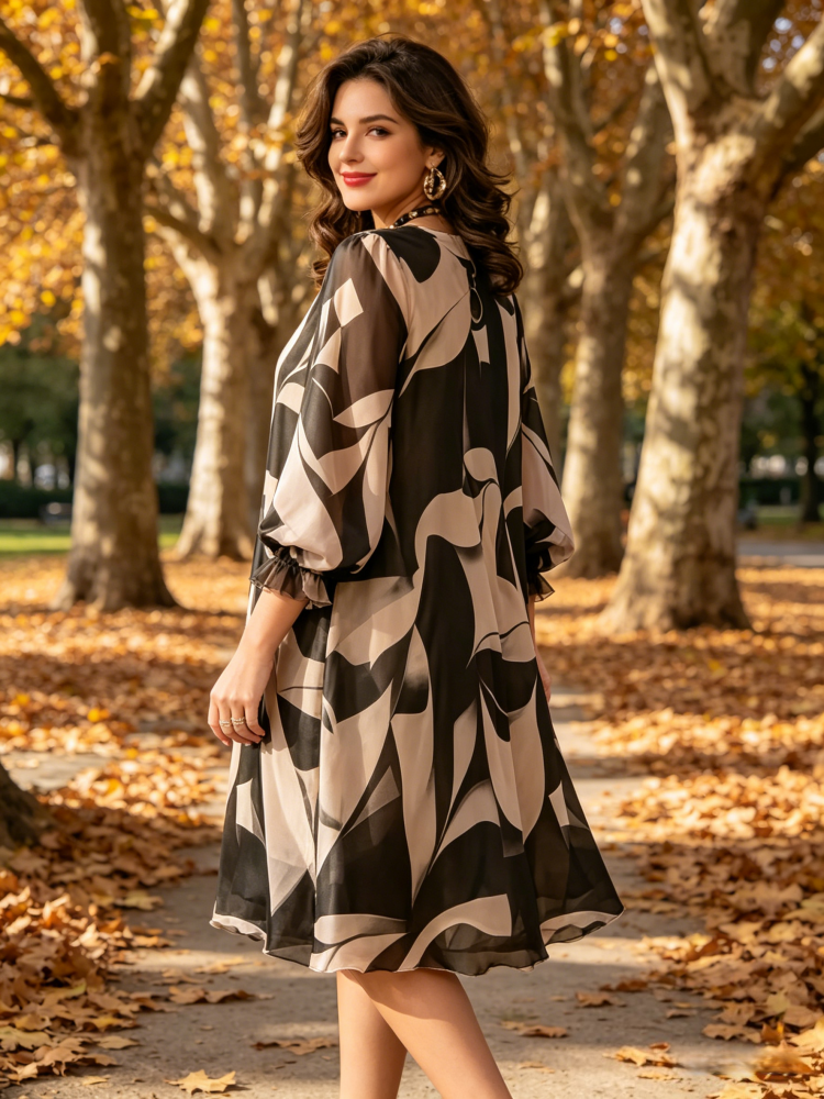 Abstract Print Flowy Long Sleeve A-Line Midi Dress