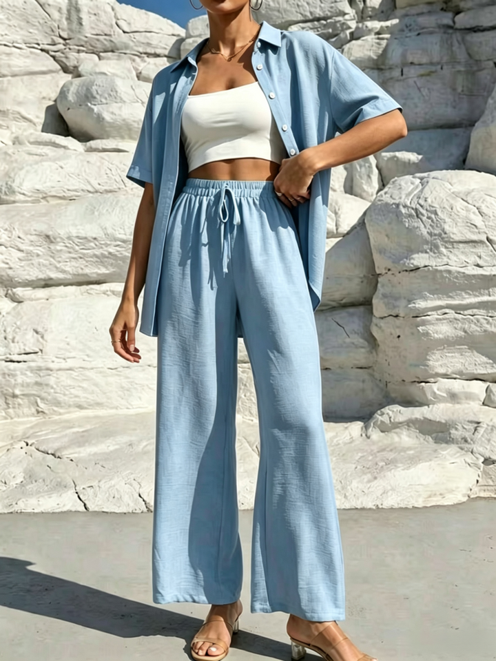 Stylish and casual solid color shirt and trousers two-piece women&
