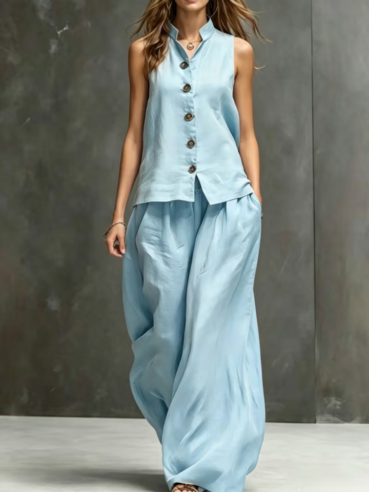 Sleeveless vest, wide-leg pants, cotton and linen two-piece set