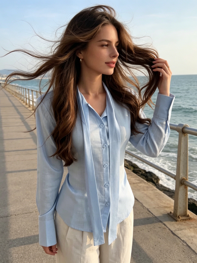 Long Sleeve Button Up Tie Front Blouse