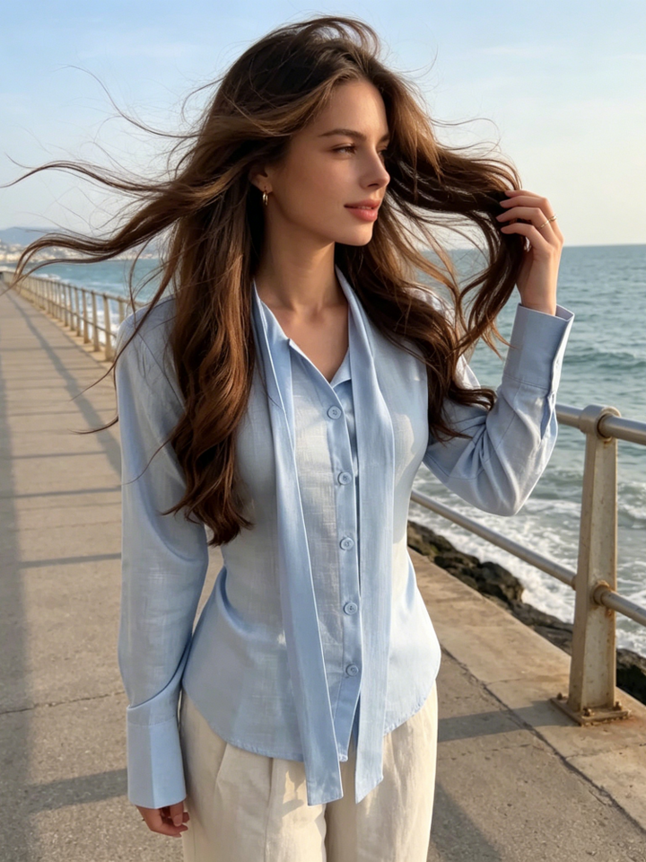 Long Sleeve Button Up Tie Front Blouse
