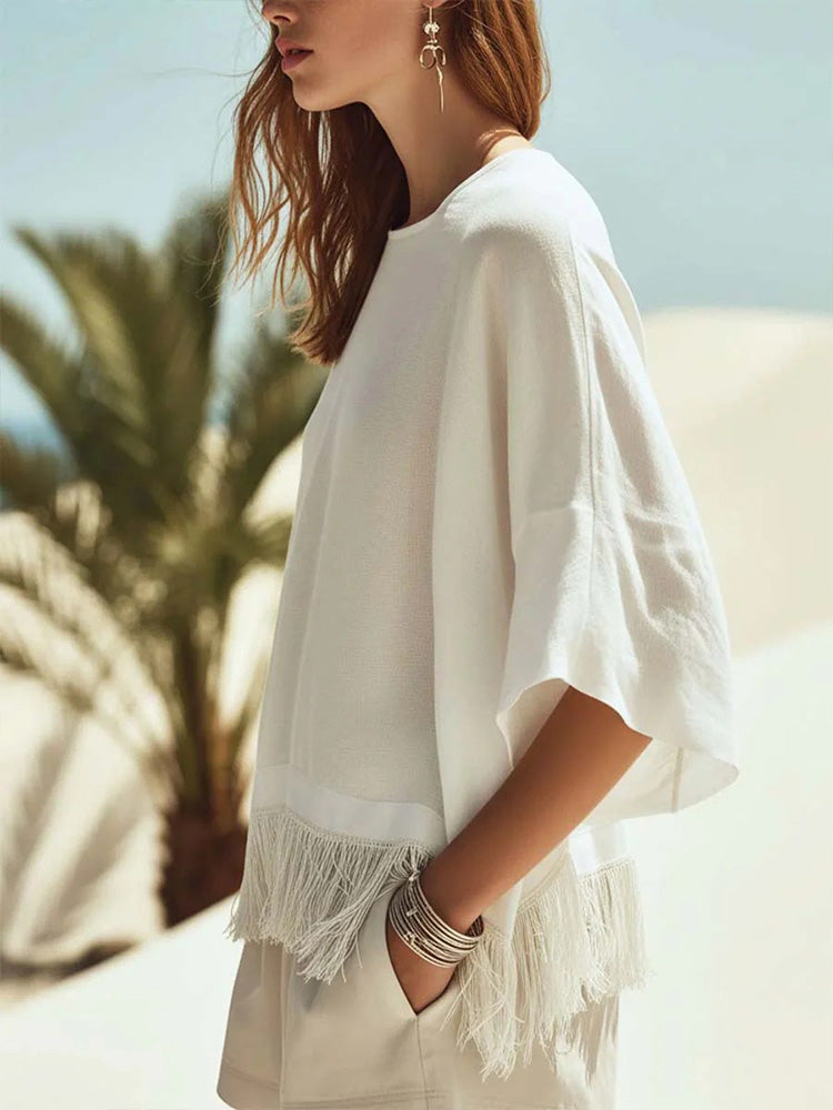 Fashionable solid color tassel short-sleeved T-shirt top