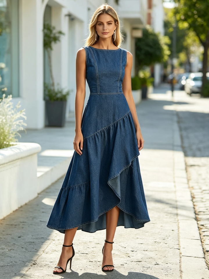 Sleeveless Irregular Ruffle Denim Dress