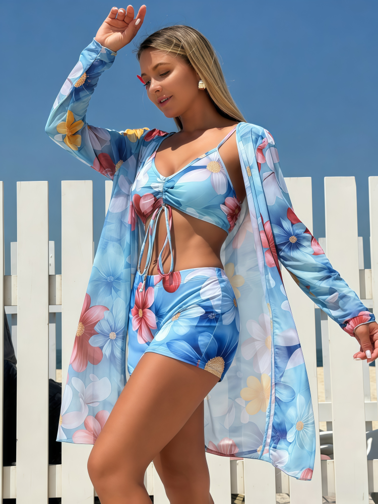 Floral Print 3-Piece Swimsuit Set – Chic Crop Top, High-Waist Shorts & Sheer Cover-Up