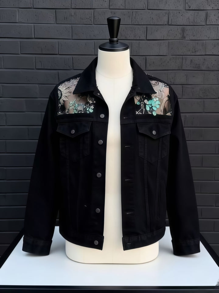 Black Denim Jacket with Sheer Celestial Embroidered Mesh Panels