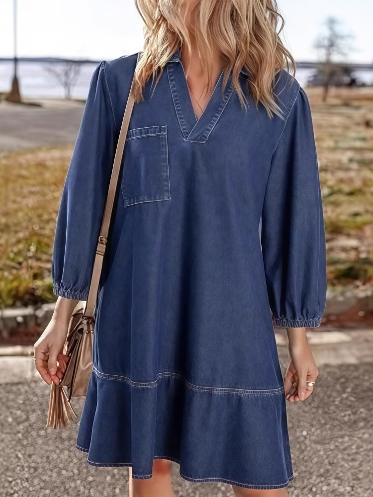 Collared V Neck Puff Sleeve Tiered Denim Midi Dress