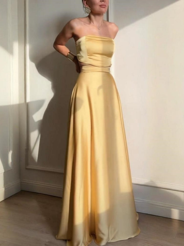 Gold Satin Strapless Cut-Out Two Piece Maxi Skirt Set