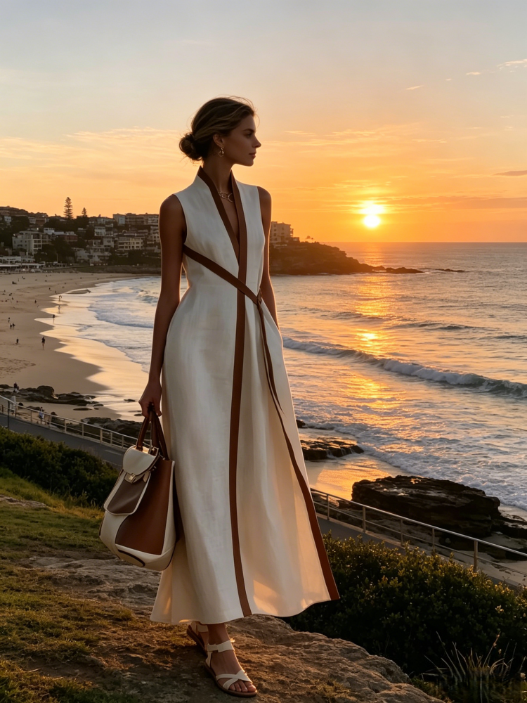 Color Block Linen-Blend Sleeveless Maxi Dress
