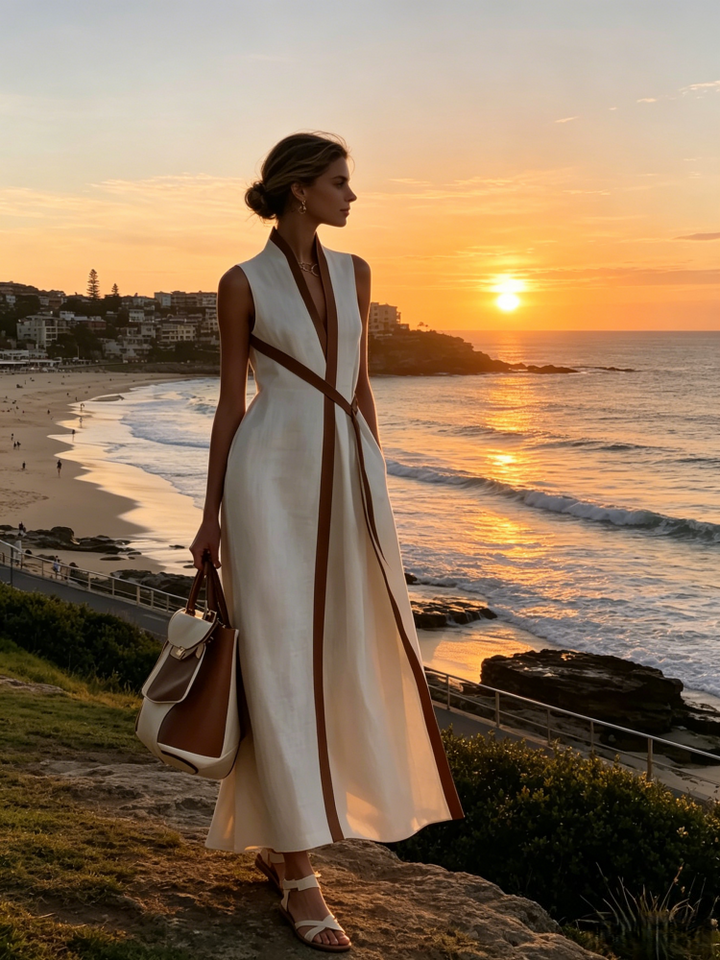 Color Block Linen-Blend Sleeveless Maxi Dress