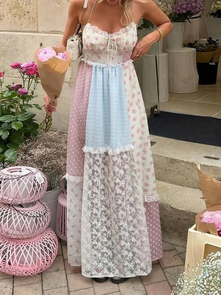 Patchwork Lace Halter Maxi Dress