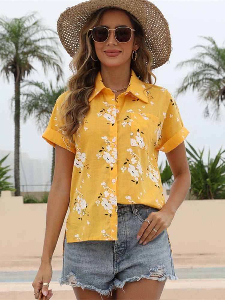 Floral Print Short Sleeve Cotton Blend Button-Down Shirt