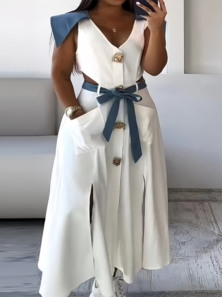 White Blue Contrast V-Neck Cutout Shirt Dress