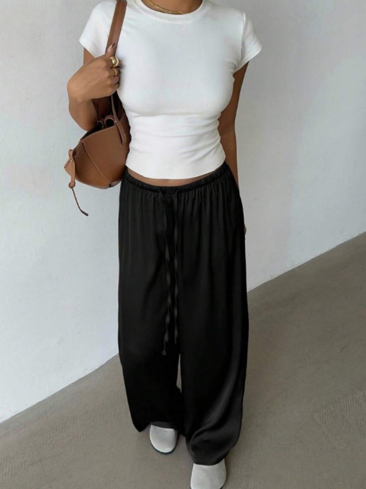 Satin High-Waisted Wide Leg Pants - Elastic Drawstring Flowy Trousers