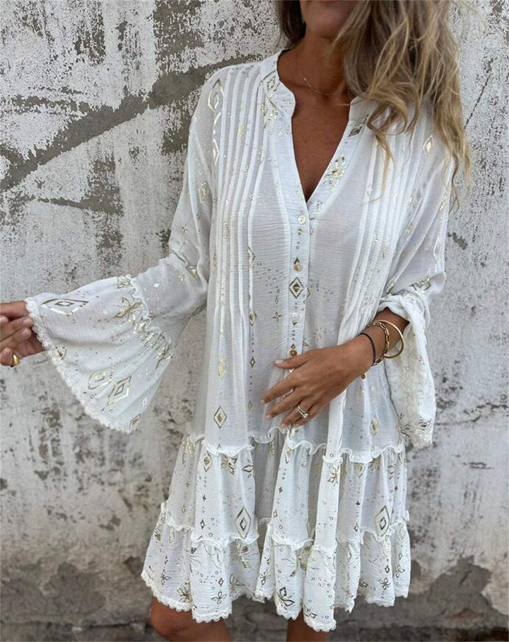 Solid color bell sleeve hollow dress