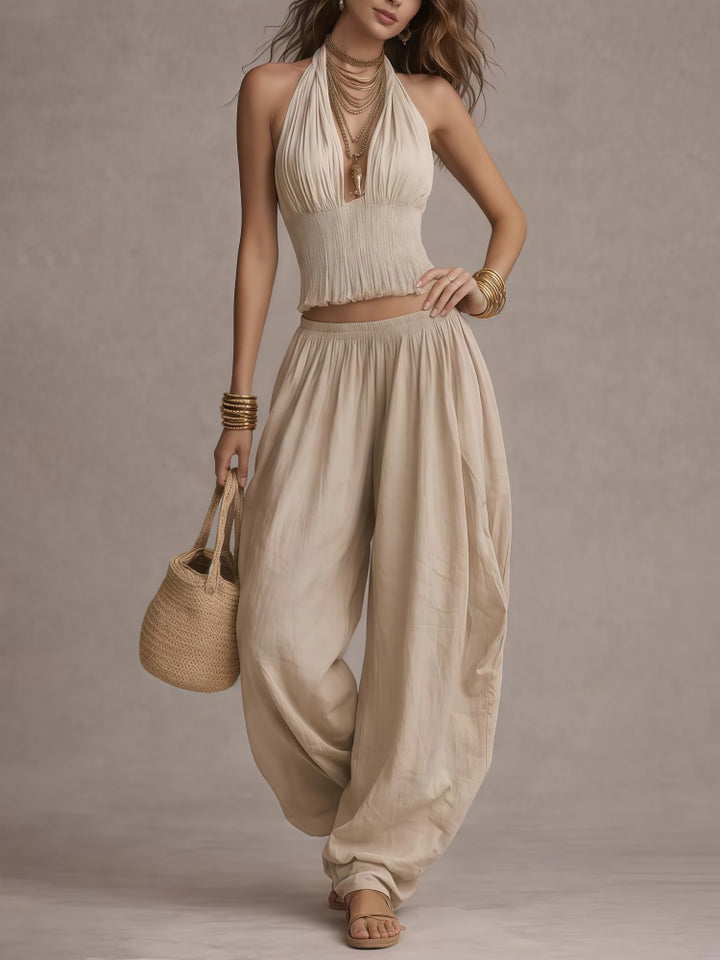 Halter Neck Smocked Crop Top &amp; Harem Pants Set