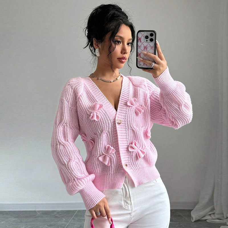 Solid color long-sleeved bow-tie knit cardigan top