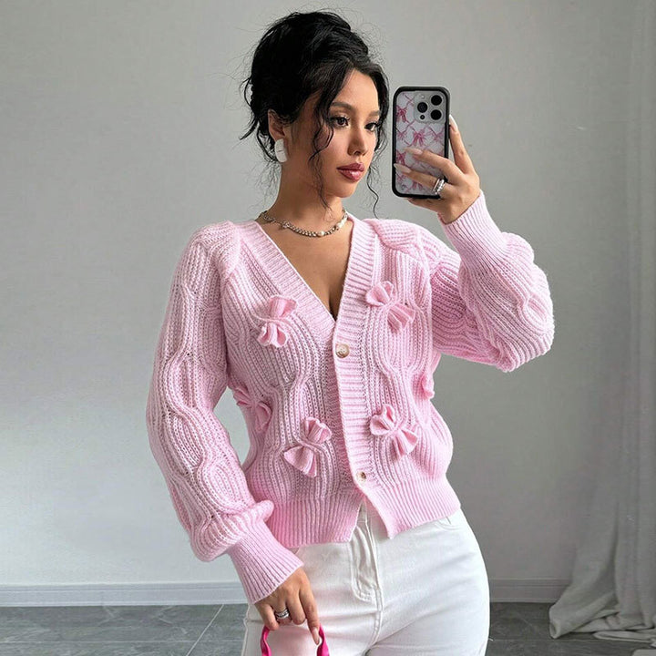 Solid color long-sleeved bow-tie knit cardigan top