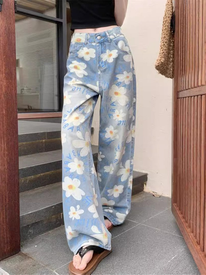 Floral Print High Waisted Wide Leg Denim Jeans