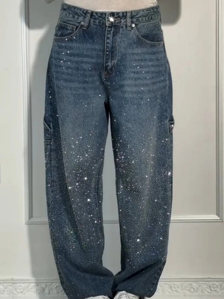 High Waist All Over Rhinestone Straight Leg Cargo Jeans