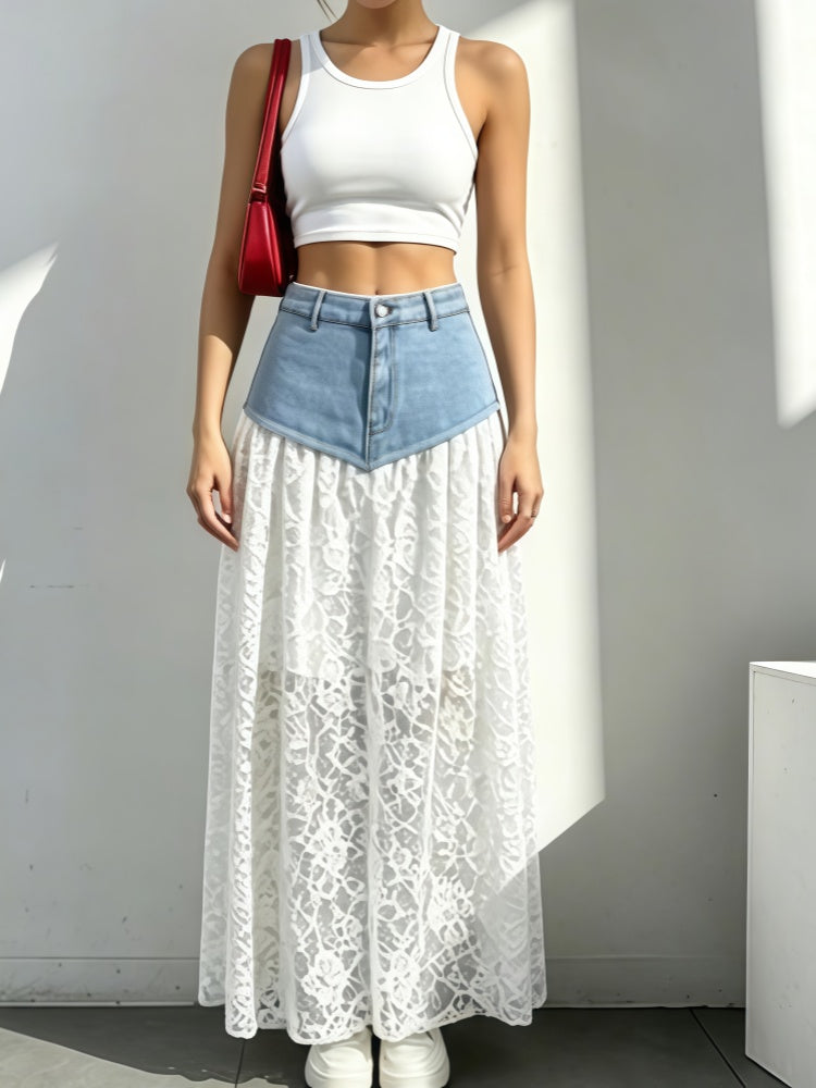 High-Waisted Denim and Lace Maxi Skirt