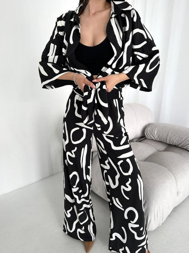 Printed Button-Up Shirt &amp; Wide Leg Pants Set