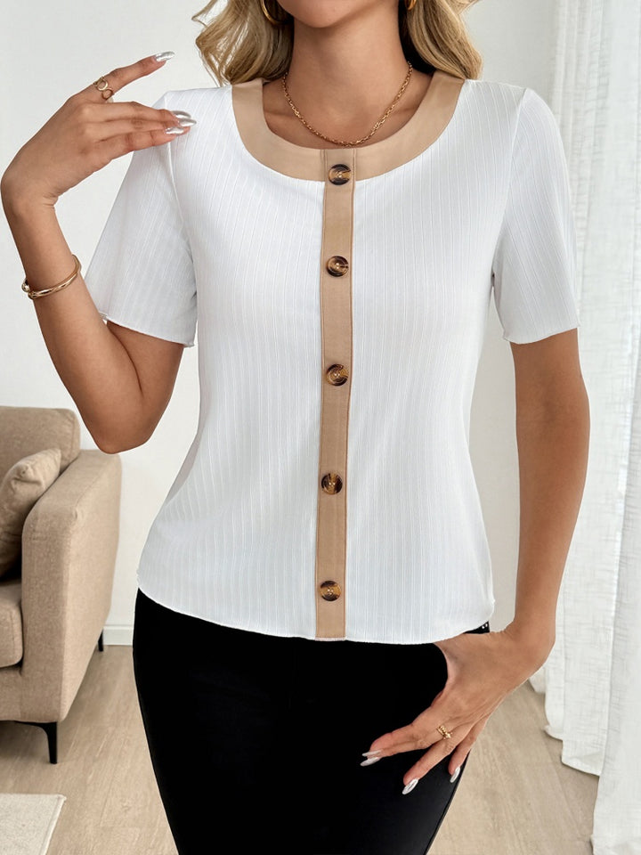 Contrast Trim Button-Front Ribbed Knit Top