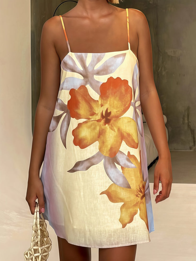 Tropical Floral Print Slip Dress - Spaghetti Strap A-Line Mini Sundress