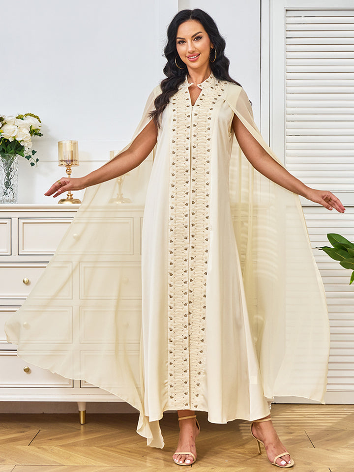 Beige Cape-Sleeve Abaya Maxi Dress with Beaded Embroidery