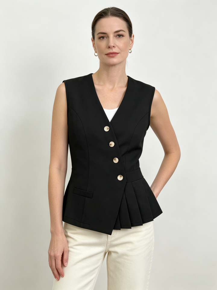 V Neck Sleeveless Pleated Peplum Waistcoat