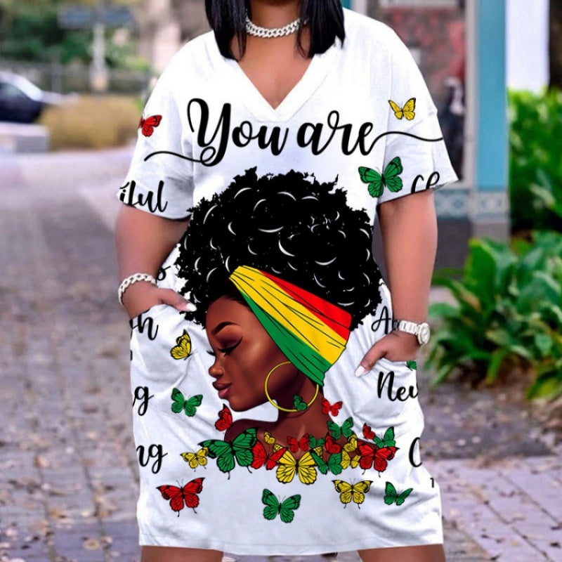 3D Art Portrait Print V-Neck Pocket T-Shirt Dress