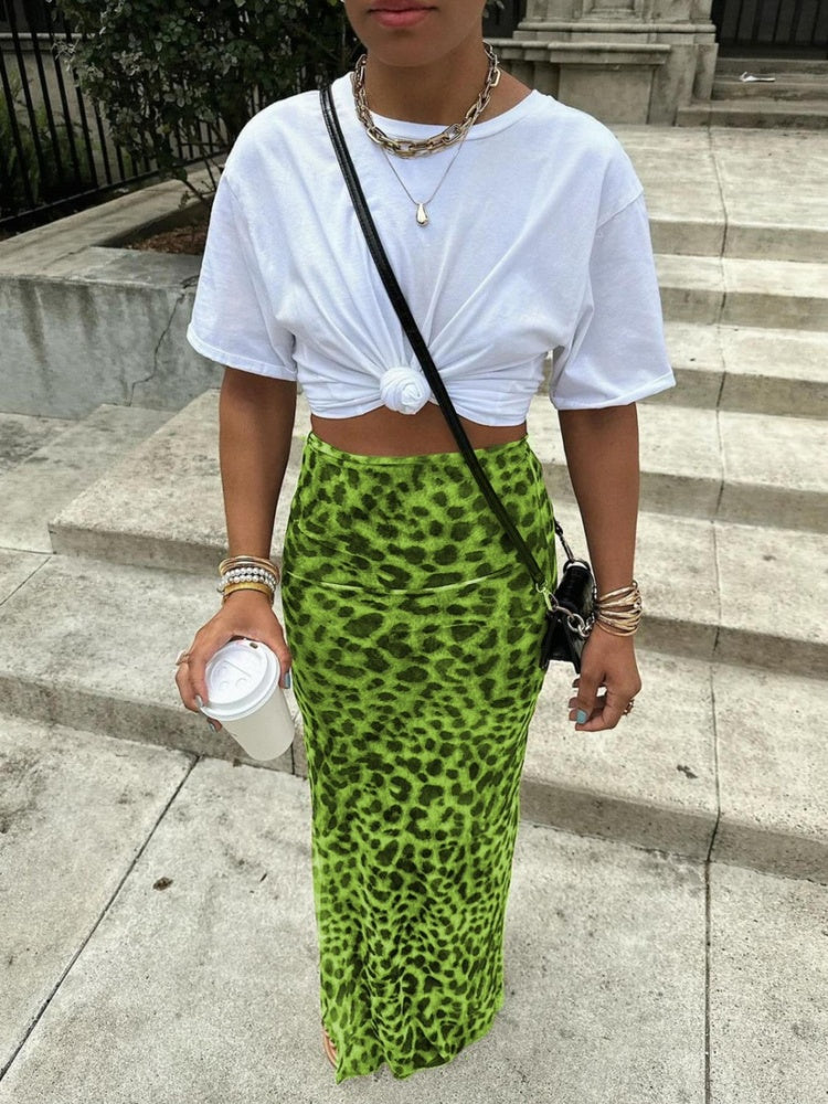 Leopard Print Mesh Mermaid Maxi Skirt
