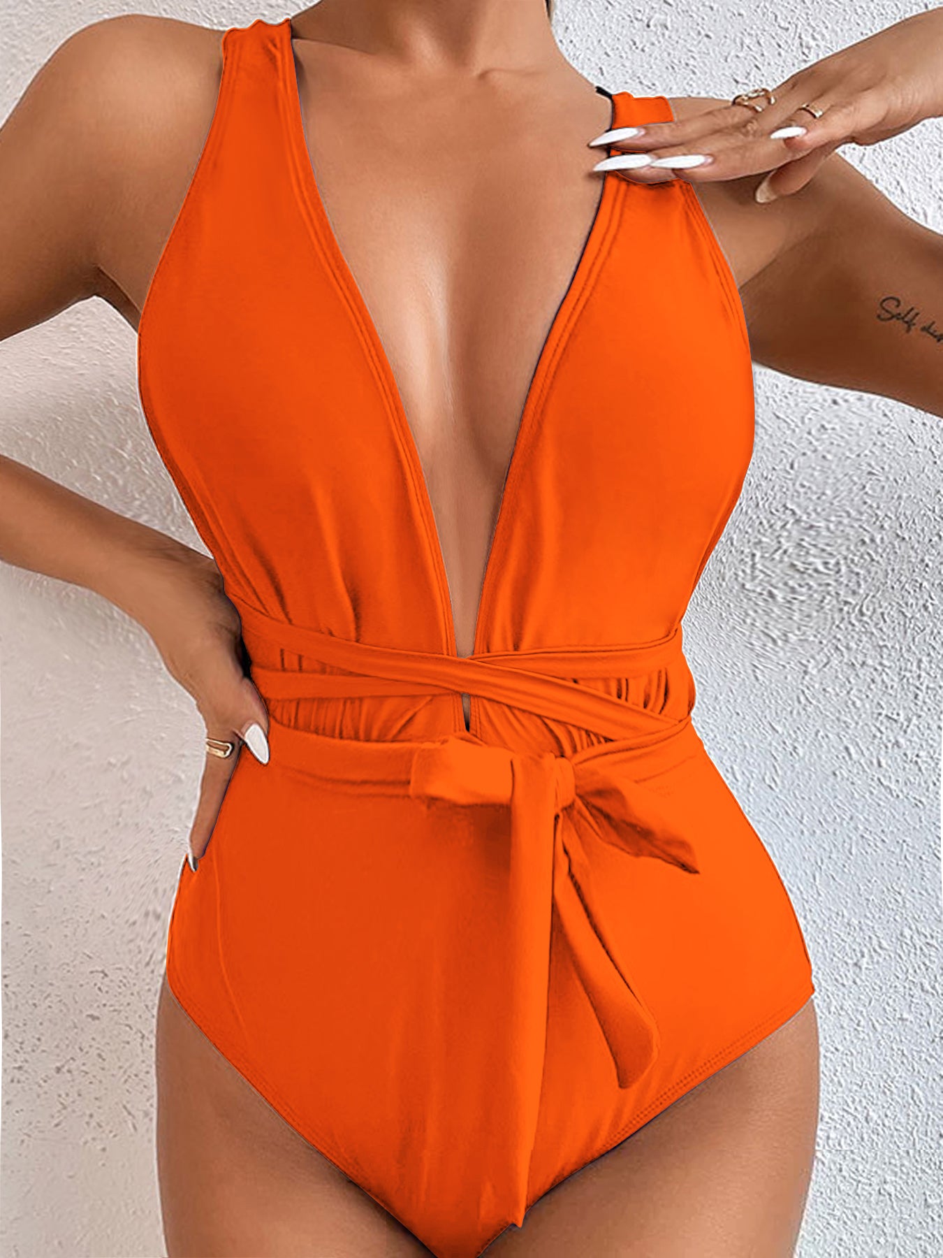 Elegant Deep V One-Piece Swimsuit with Waist Tie – Multiple Colors