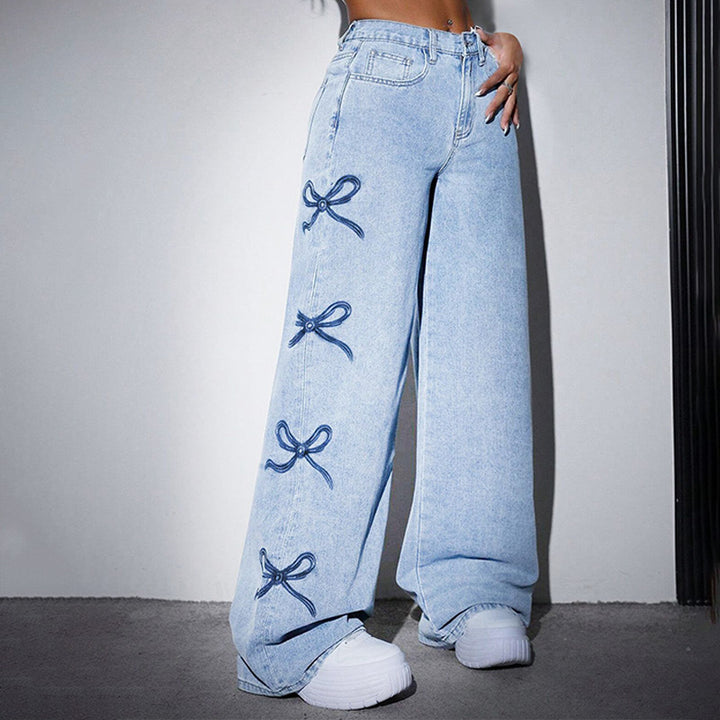 Casual high-waisted butterfly print jeans