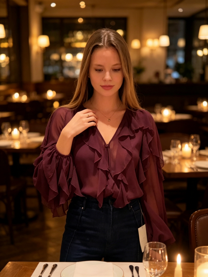 V-Neck Ruffled Long Sleeve Blouse