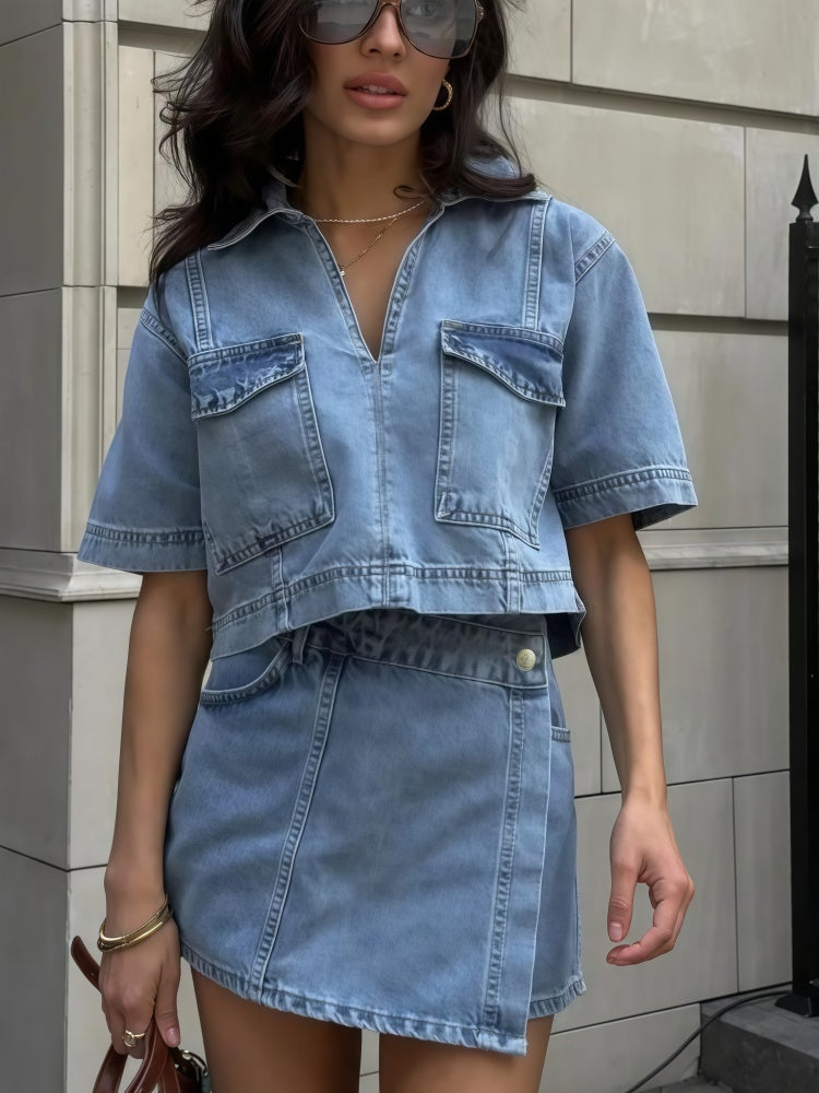Cargo Pocket Cropped Denim Top &amp; Wrap Skort Two Piece Set