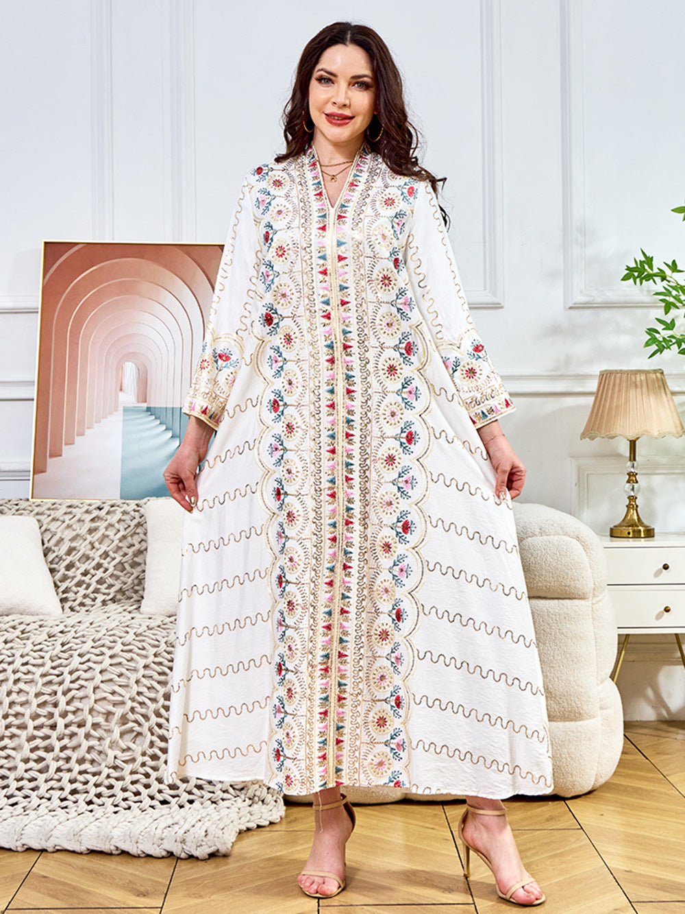 Floral Embroidered Sequin-Trimmed Abaya Maxi Dress