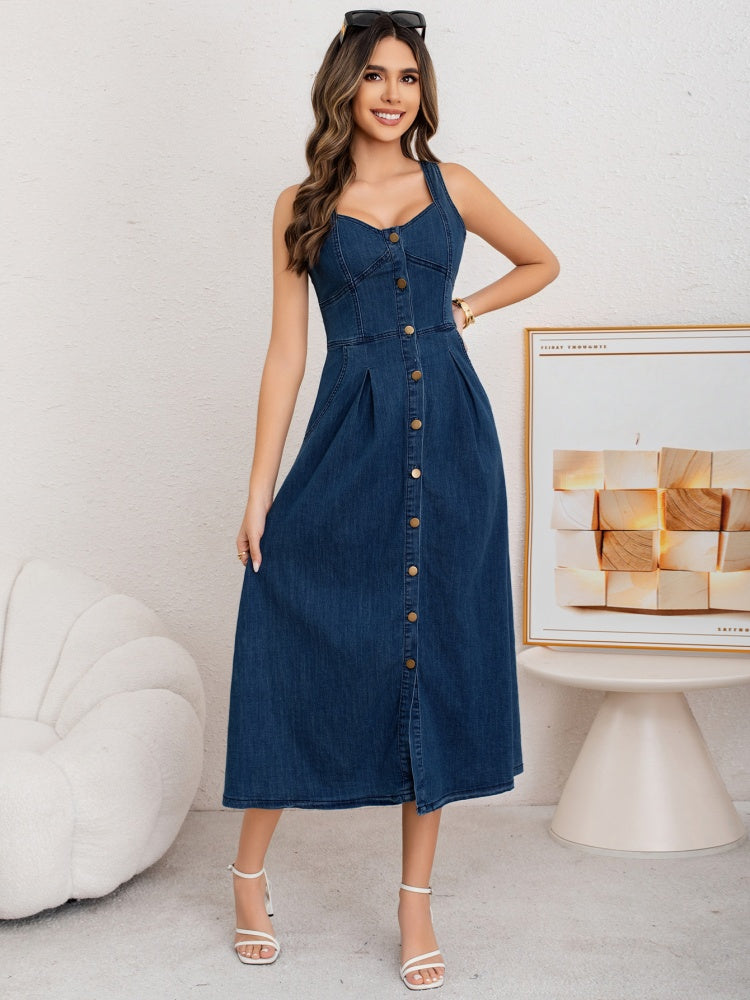 Sleeveless Spaghetti Strap Midi A-Line Denim Dress