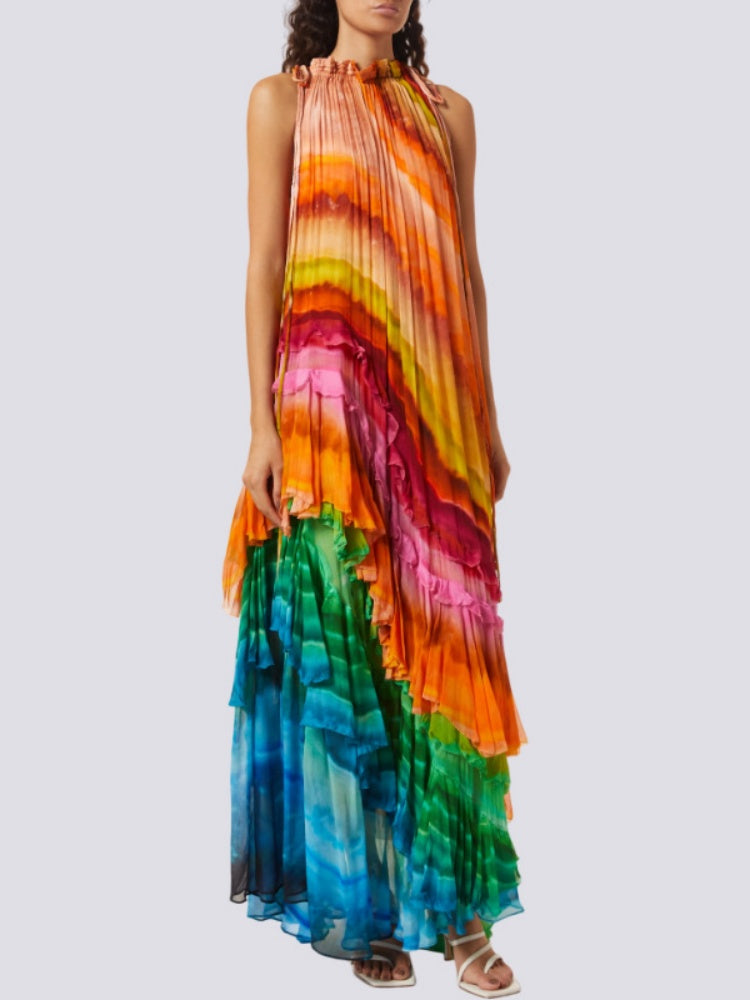 Rainbow Tie-Dye Halter Maxi Dress - Ruffled Chiffon Tiered Flowy Dress