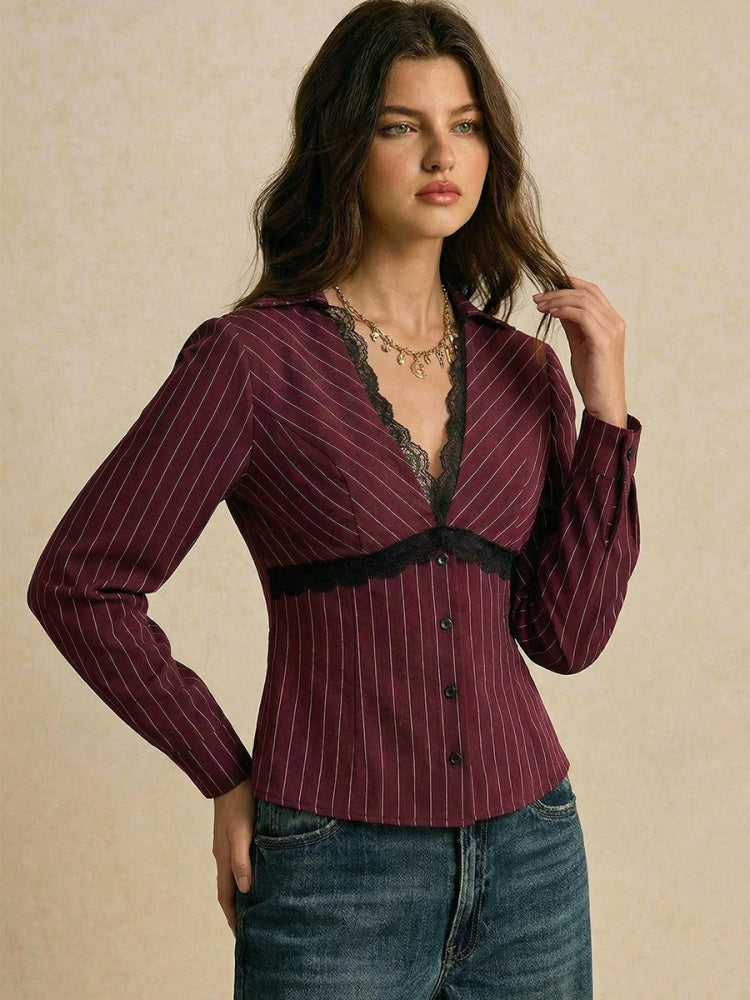 Burgundy Pinstripe Lace Trim Fitted Blouse