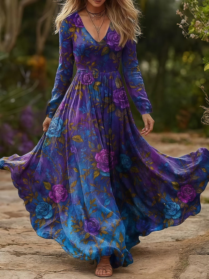 Boho Western Long Sleeve V-Neck Tiered Maxi Dress